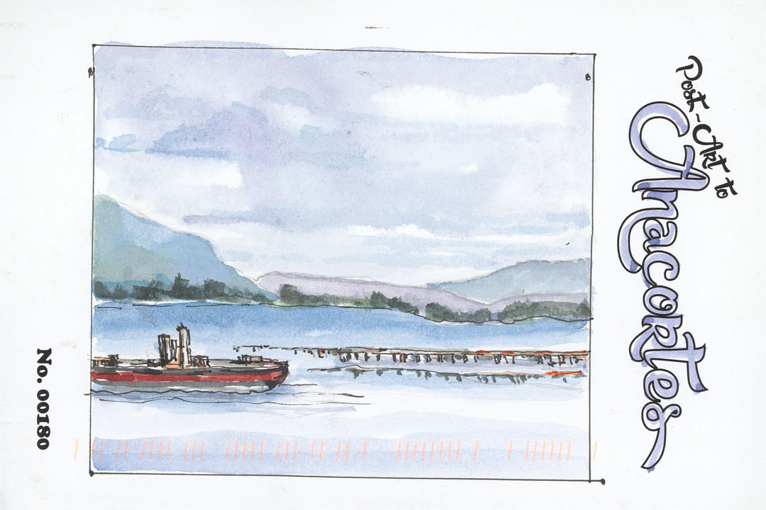 Painting of Water - tanker or tug and pilings or docks Cascade foothills in the background.