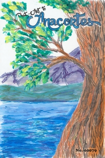 A scene with a tree in the foreground, the sound in the mid and a mountain in the back.