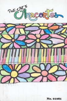 Close up drawing of front painted with flowers and multicolored keys on a Pianocortes pianos from 2016