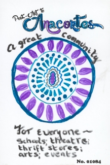 Mandala with writing around "A great community for everyone ~ schools; theatre; thrift stores; arts; events