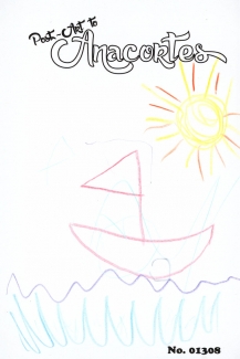 Color line drawing of a boat on water with the sun in the sky