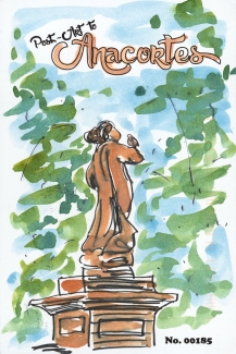 Drawing of WCTU fountain located outside the Anacortes museum. A woman with a bird on her raised arm wearing flowing robes.
