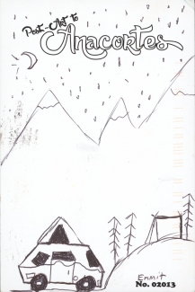 A camper van and tent in the mountains with trees under a night sky.