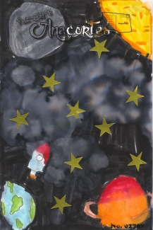 Mixed media of a rocket flying through stars from Earth with the moon, sun and Saturn surrounding.