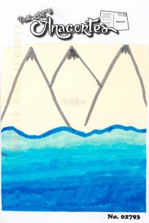 Marker drawing of three mountains over water.