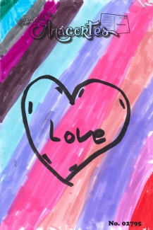 A heart with the word love written in the center. A rainbow background.