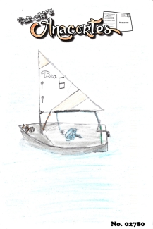 A sailboat with orange stripes, Tera and the number 6 on the sail. On the water.