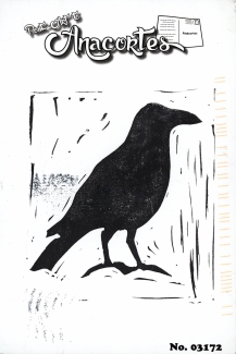 Crow in silhouette, facing right in a block print style.