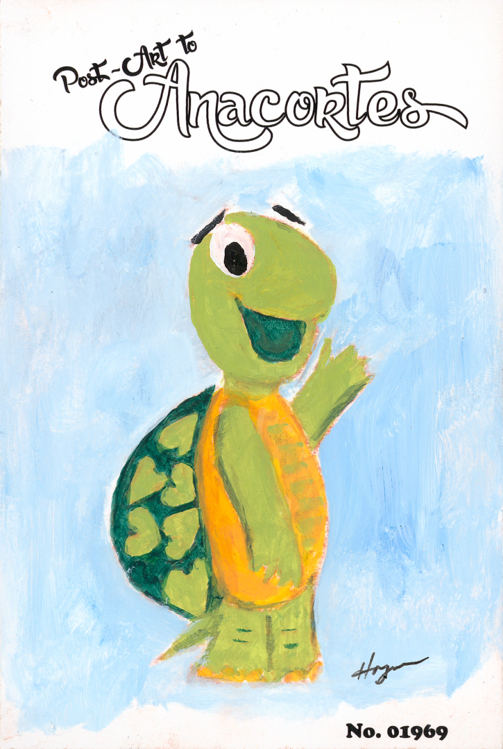 The Tortoise from Anacortes Waving on a blue background.