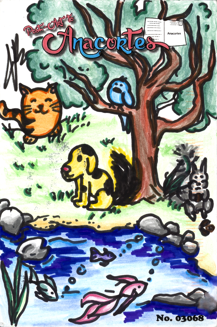 Several animals sitting under and around a tree by a pond.