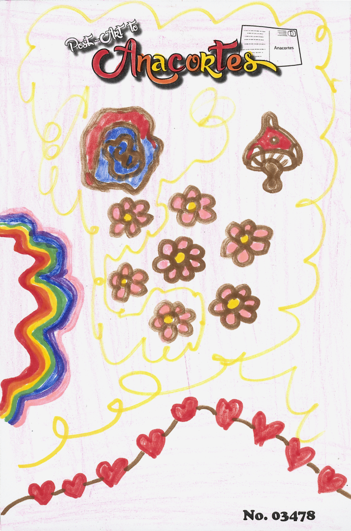 Drawing of rainbows, hearts and mushrooms