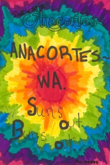 Multicolored Starburst with words "Anacortes ~ WA. Suns out Buns out"