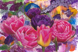 Cut out pictures of roses, tulips and other flowers with pinks and purples dominating and painted flowers to fill in.