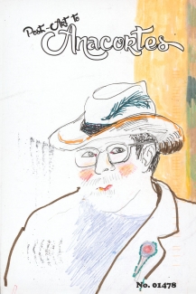 Drawing of a person with a feathered hat, glasses, rosy cheeks, a beard in a jacket with a lapel decoration.