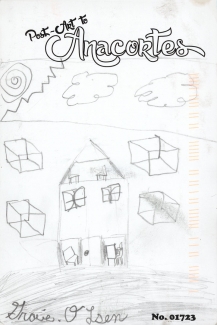 Drawing of a house with 4 surrounding cubes and clouds in the sky.