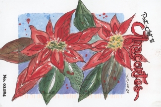 Two poinsettias on a blue background with colored speckles.