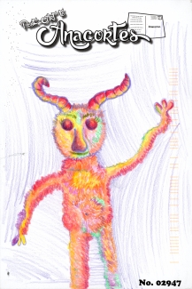 Drawing of a fuzzy colorful creature with horns